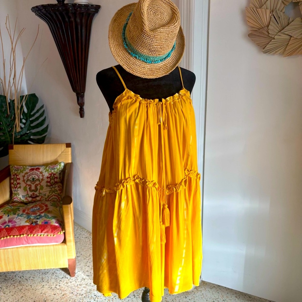 MOON RIVER Yellow Tiered Sundress! White Tie Dye Print! Baby Doll. Excellent. Md
